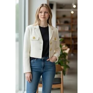 MAC DUGGAL Jacket Size 4 NEW Blazer Gold Buttons Collar Cropped Knit Ivory